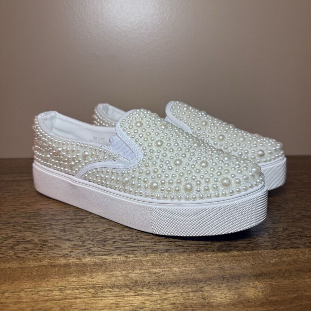 Heirloom - Women's Bridal White Pearl Encrusted Slip-on Sneakers Size 7.5